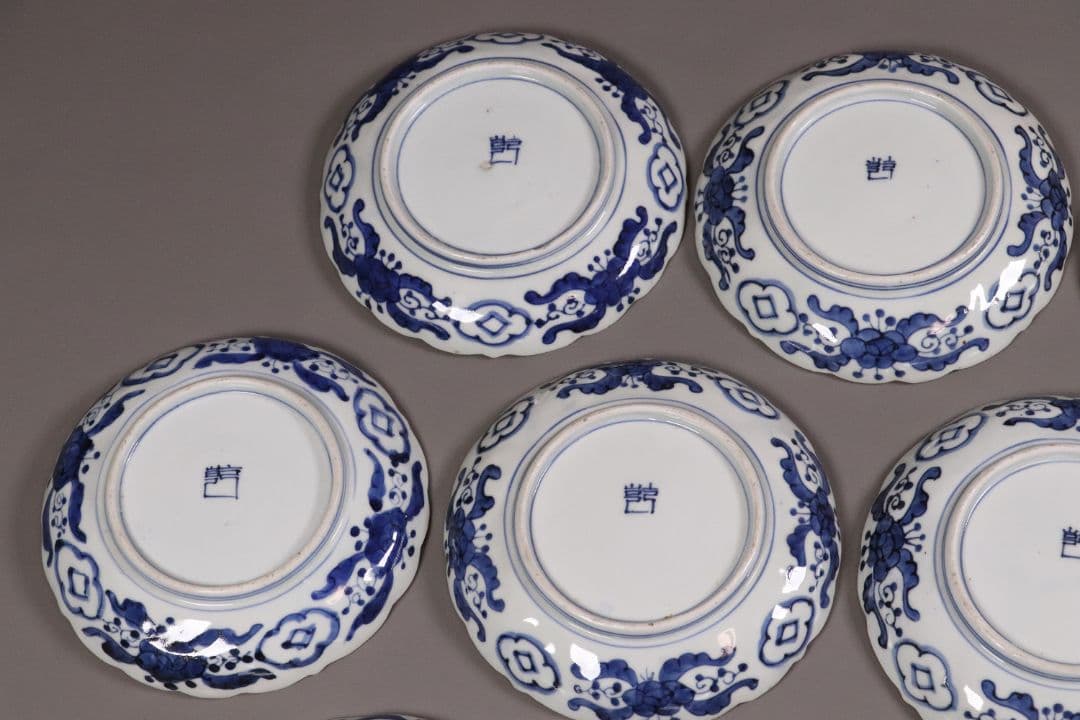 江戸 古伊万里 染付なます皿 十客 18cm 菊花浮文 鹿の子 中皿 MA167