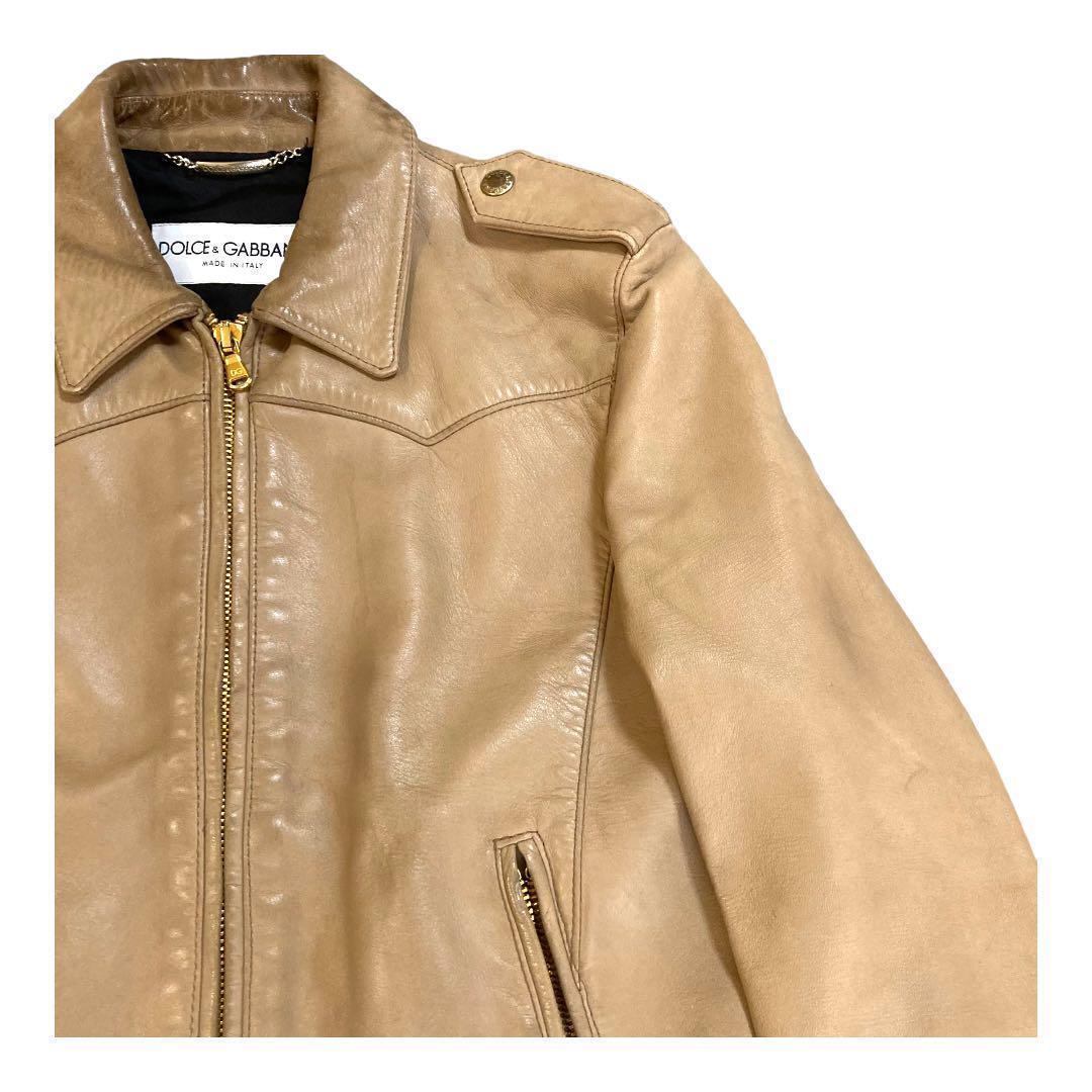 ドルチェ&ガッバーナ 本革ラムレザージャケット ベージュ ライダース 46