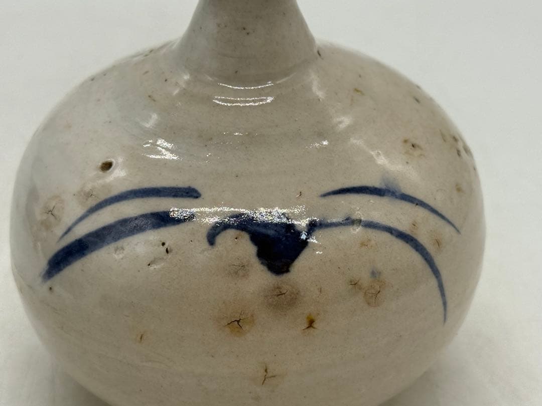 李朝　白磁に呉須紋　徳利形瓶① 高さ約11.8cm アンティーク送料込み0107