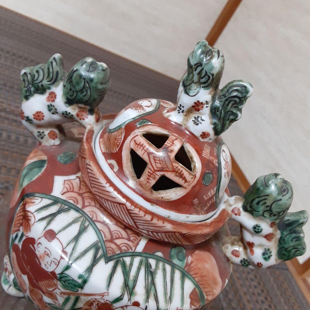 古い伊万里赤絵九谷焼香炉/江戸唐子狛犬薩摩十字角福小槌三足耳付/瓔珞緑釉窓絵箱入