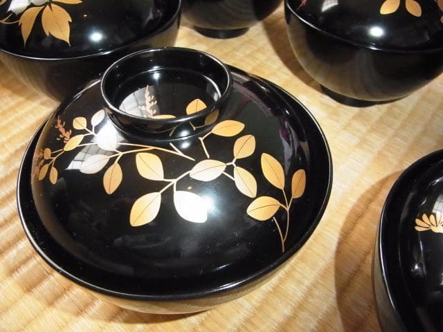 1870年頃 購入時16万◆橘屋友七作 金銀草花蒔絵 黒塗仙才丸吸物椀 10客