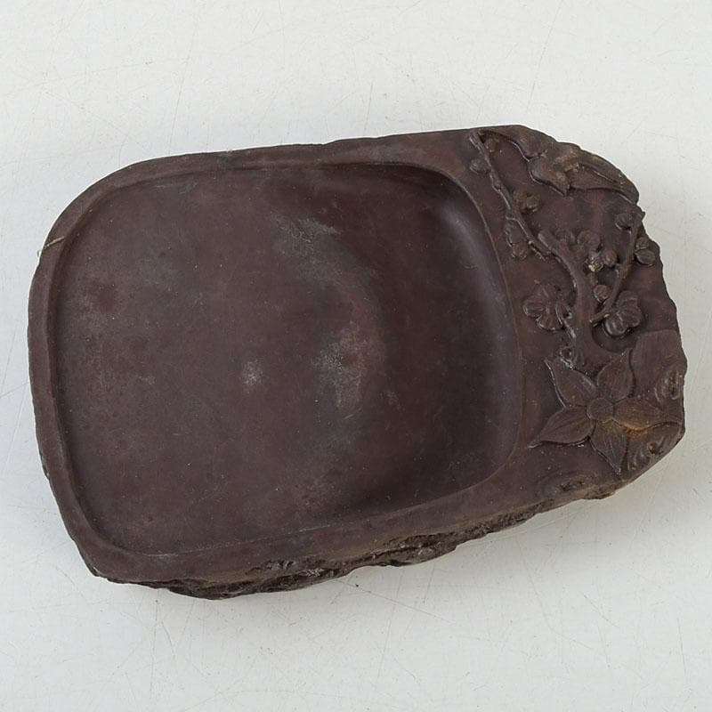 中国　書道具　花鳥彫　端渓硯　唐木箱　C　9599