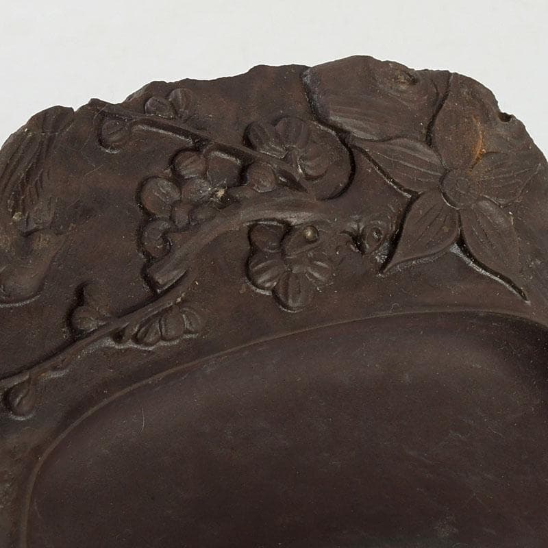 中国　書道具　花鳥彫　端渓硯　唐木箱　C　9599