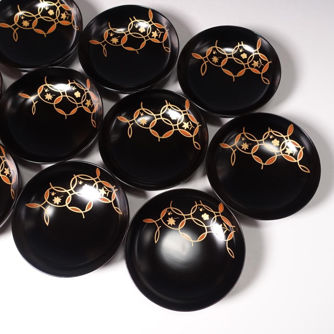 輪島塗師 堀川蒼雲 黒塗 糸目 見返七宝蒔絵 煮物椀 10客 共箱 天然木製