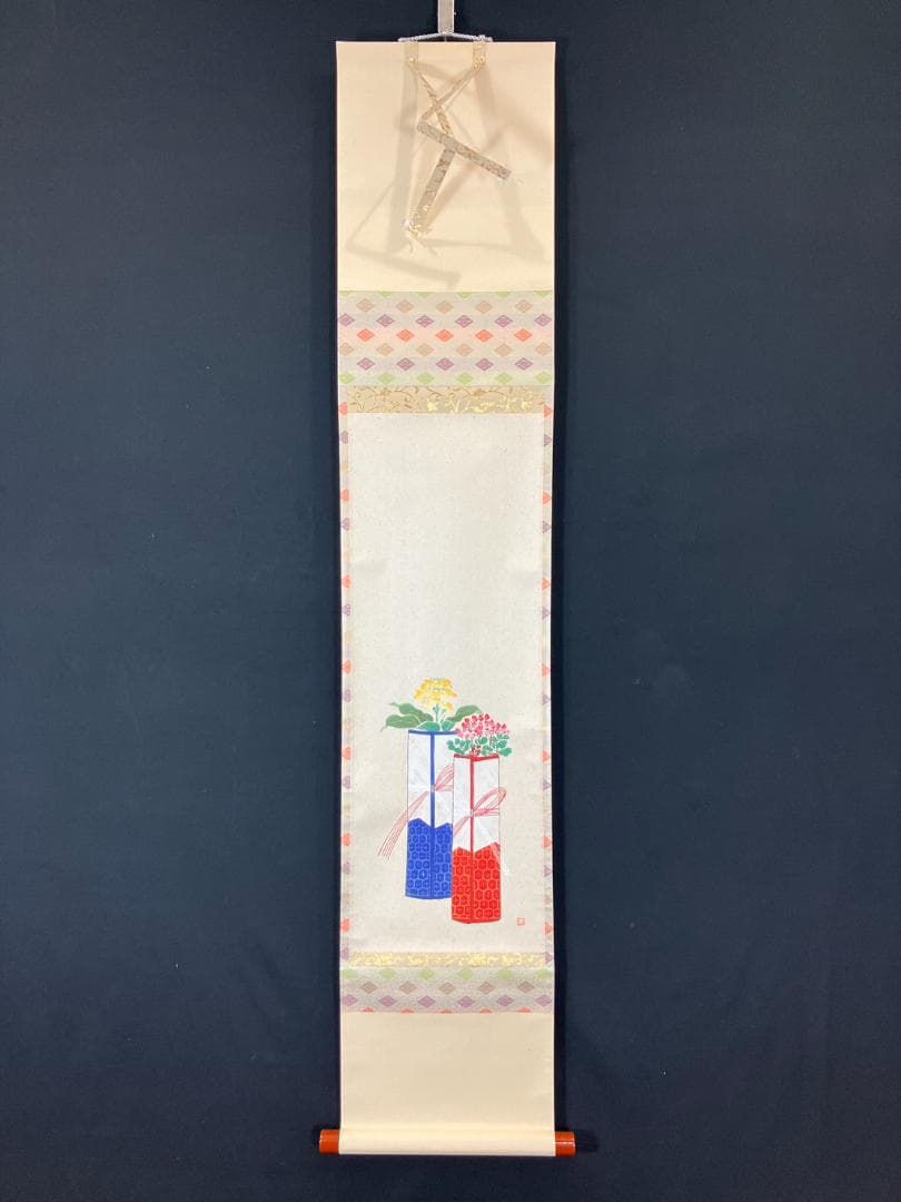 4182 上村米重 「花雛之図」 共箱 肉筆 紙本 日本画 掛軸 桃の節句