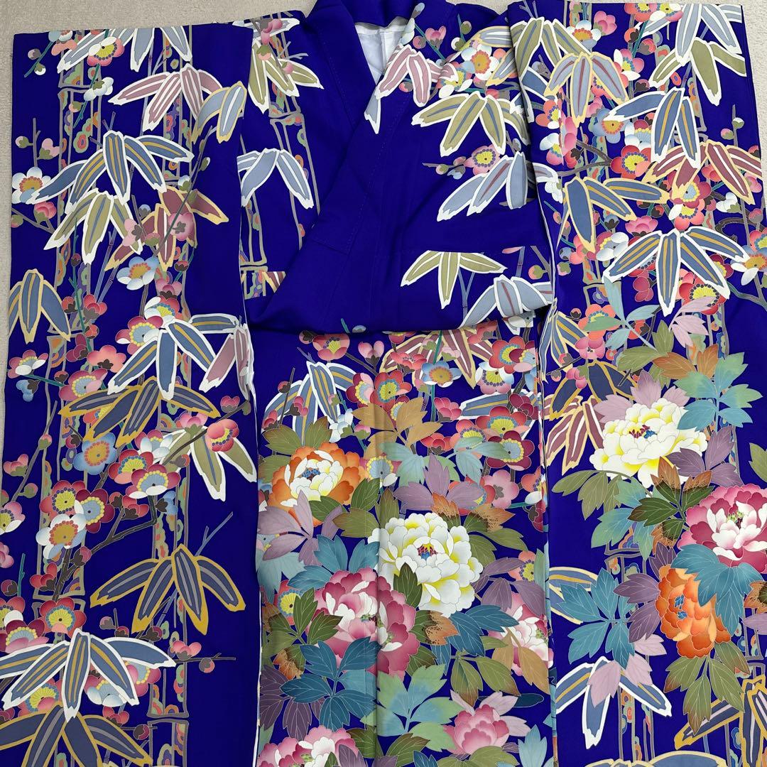 売り切り 青紫 手描き友禅 笹 牡丹 鴛鴦 振袖 落款あり