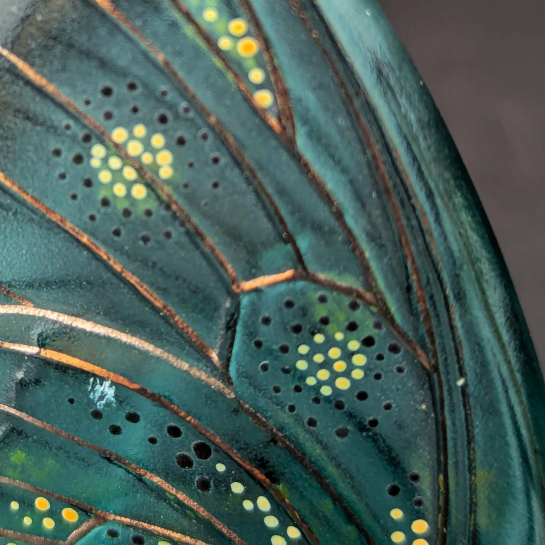 卓上芸術 ラリック 青ガラス彩色 パピヨン蝶オブジェ入手至難　精密エナメル