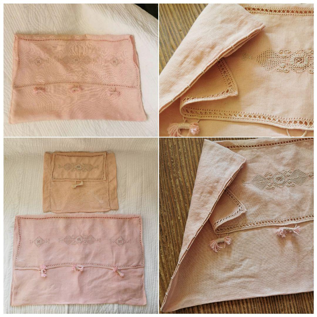 アンティーク 珊瑚色蓋付きランジェリーケース ピローカバー 盛上＆梯子レース刺繍