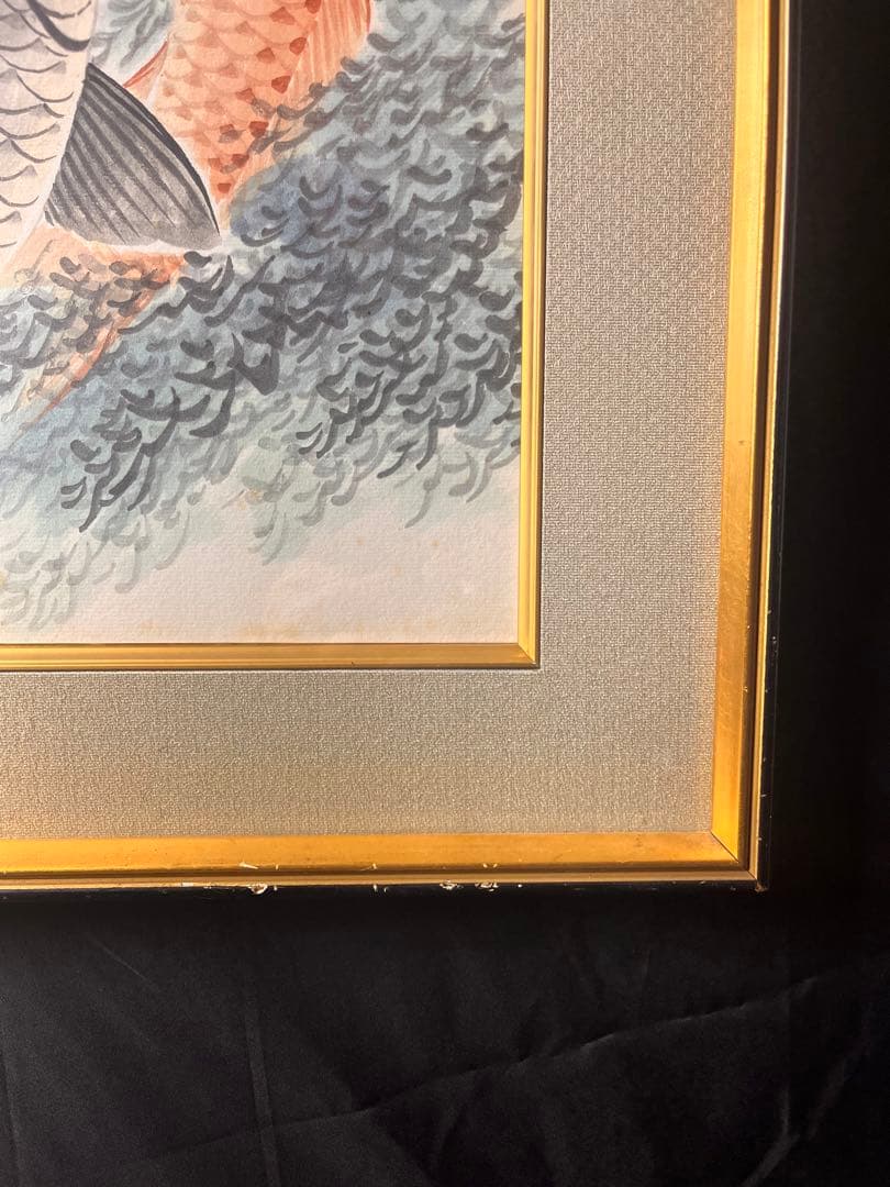 水墨画額　色紙　「花港観魚図　吴青霞」　紙本　肉筆保証