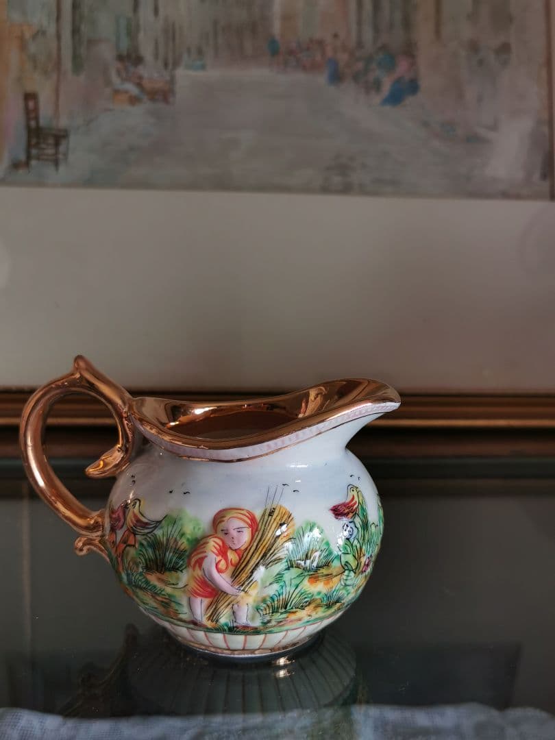 アンティークイタリア カポディモンティ 子供と鳥の実りの草原 収穫 クリーマー