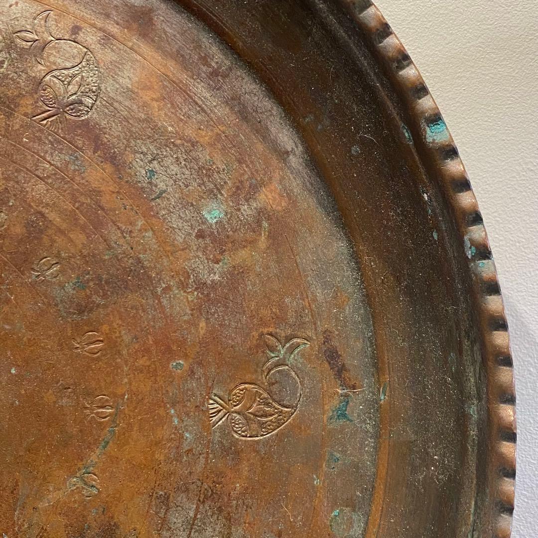 古銅彫刻装飾イスラミックトレイ 錫メッキ 打ち出し アンティーク