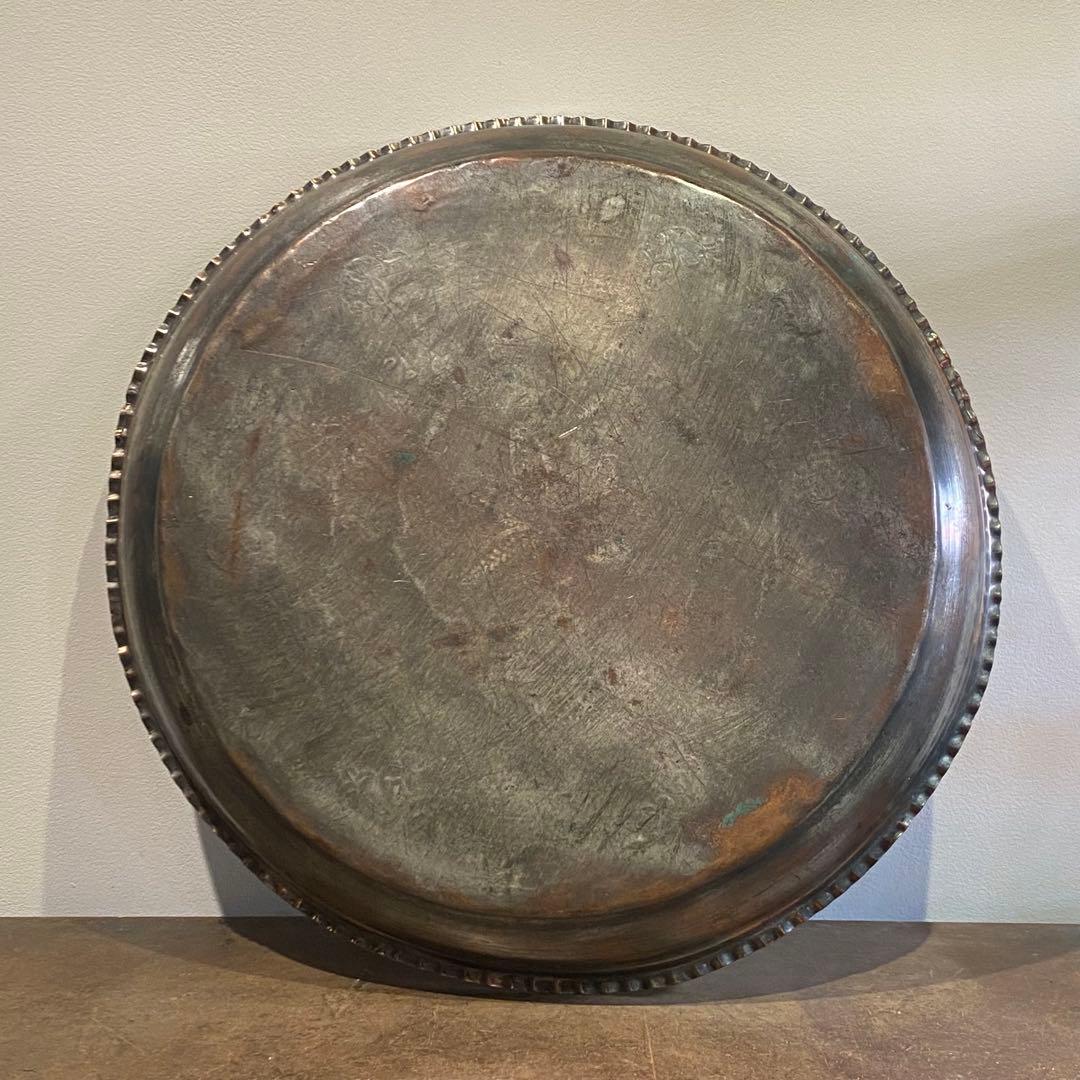 古銅彫刻装飾イスラミックトレイ 錫メッキ 打ち出し アンティーク