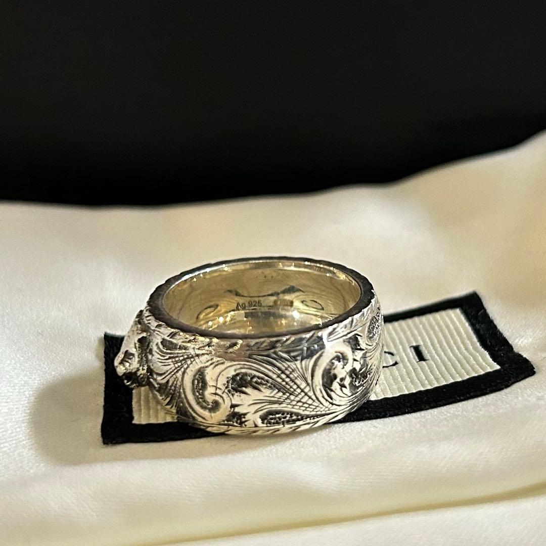 GUCCI ライオンヘッド シルバーリング エングレービング 幅広 指輪