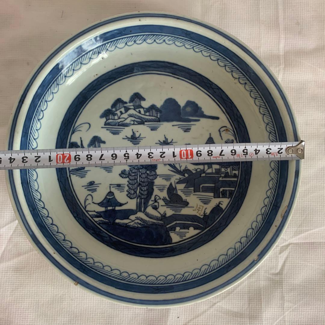 染付鉢 清朝期 山水閣楼 25cm 唐物 青花皿