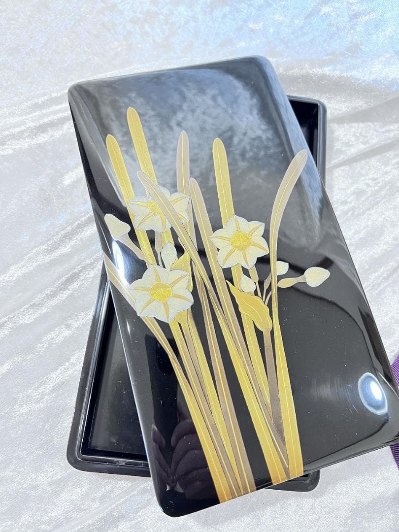 輪島塗水仙紋蒔絵　硯＆水滴付き　昭和　共箱 W13×D24×H4㎝