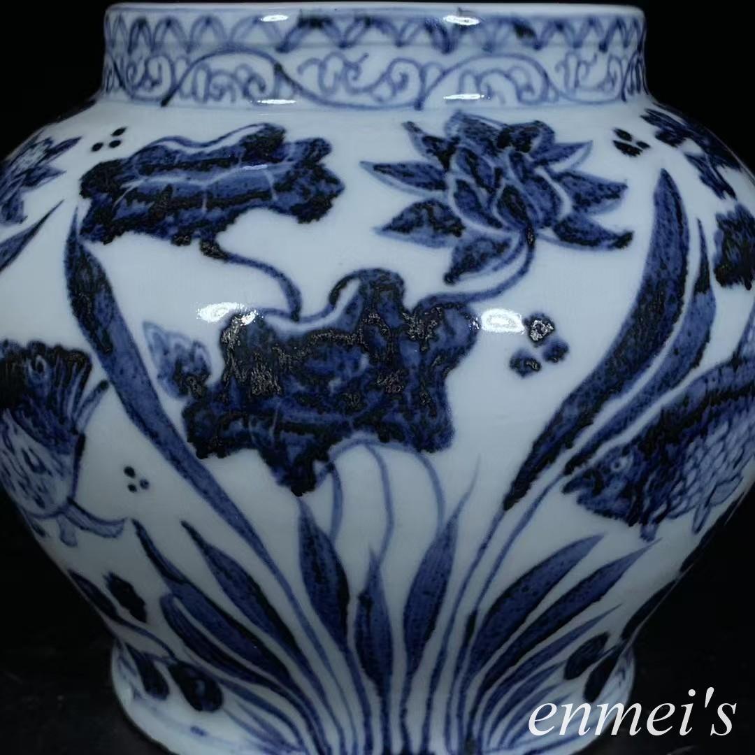 中国古美術・元款青花磁鱼藻紋罐・青花磁・純手描き・陶芸・花瓶・文房具・置物・書道