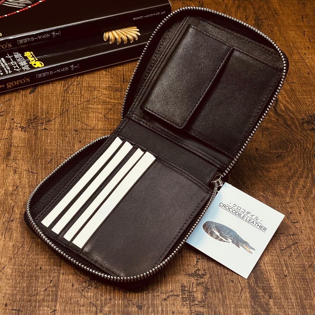 実物撮影 一枚革 二つ折り財布 クロコダイル メンズ ラウンドファスナー 新品