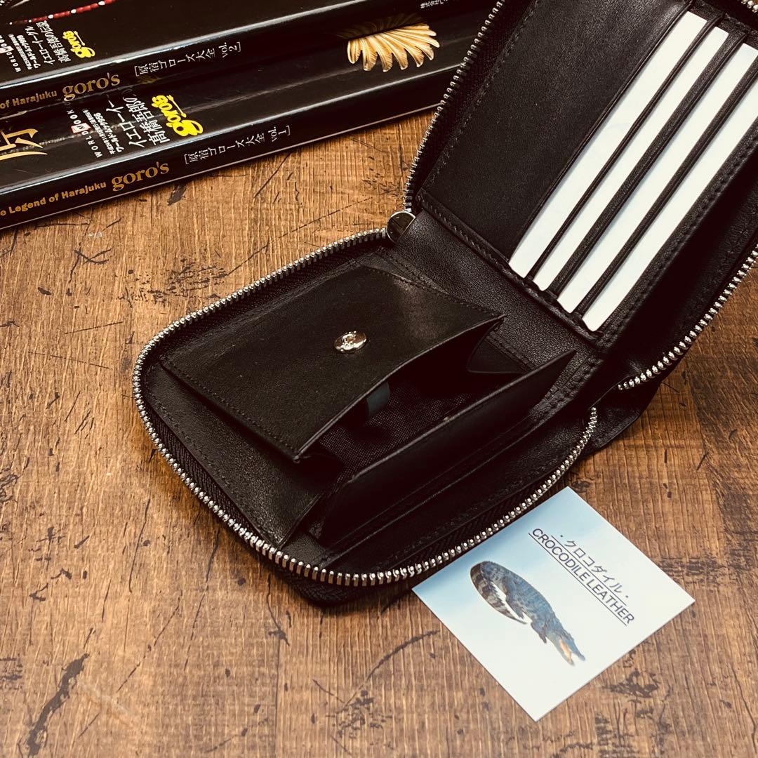 実物撮影 一枚革 二つ折り財布 クロコダイル メンズ ラウンドファスナー 新品