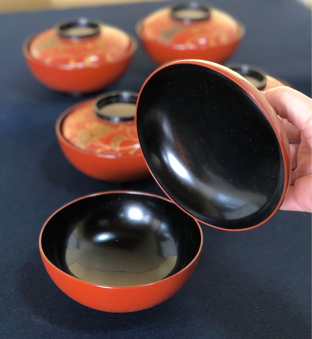 《R》輪島塗 古代朱塗 法想華蒔絵 煮物椀5客 木製漆器 木箱 251218か1