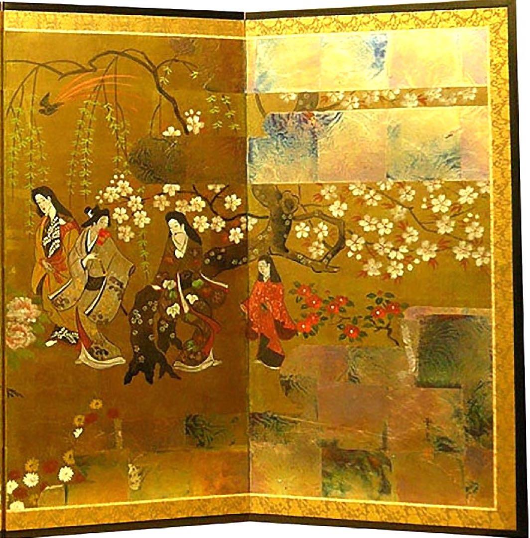 四つ折り屏風　日本画　金箔彩色　浮世花見