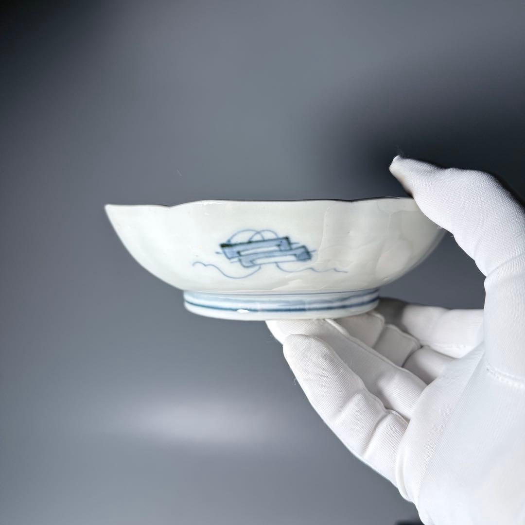 古伊万里　色絵花鳥図輪花形膾皿　松竹梅　裏巻物文様　江戸期　金蘭手　最後の五点