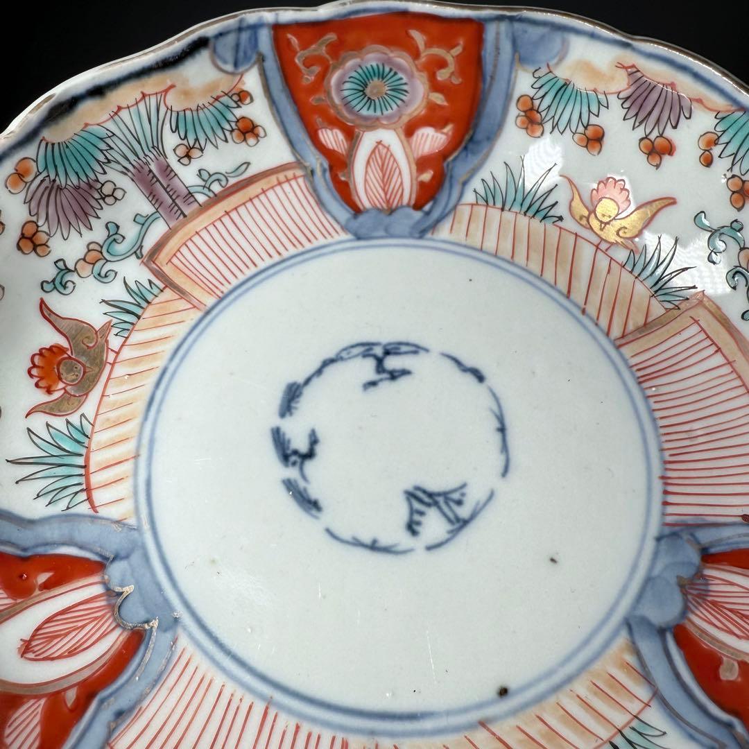 古伊万里　色絵花鳥図輪花形膾皿　松竹梅　裏巻物文様　江戸期　金蘭手　最後の五点