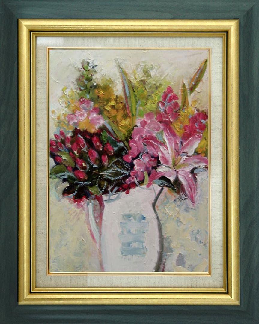 油絵 菅家令子 絵 絵画インテリア額付(青緑＋金色の枠) uF6-112302花