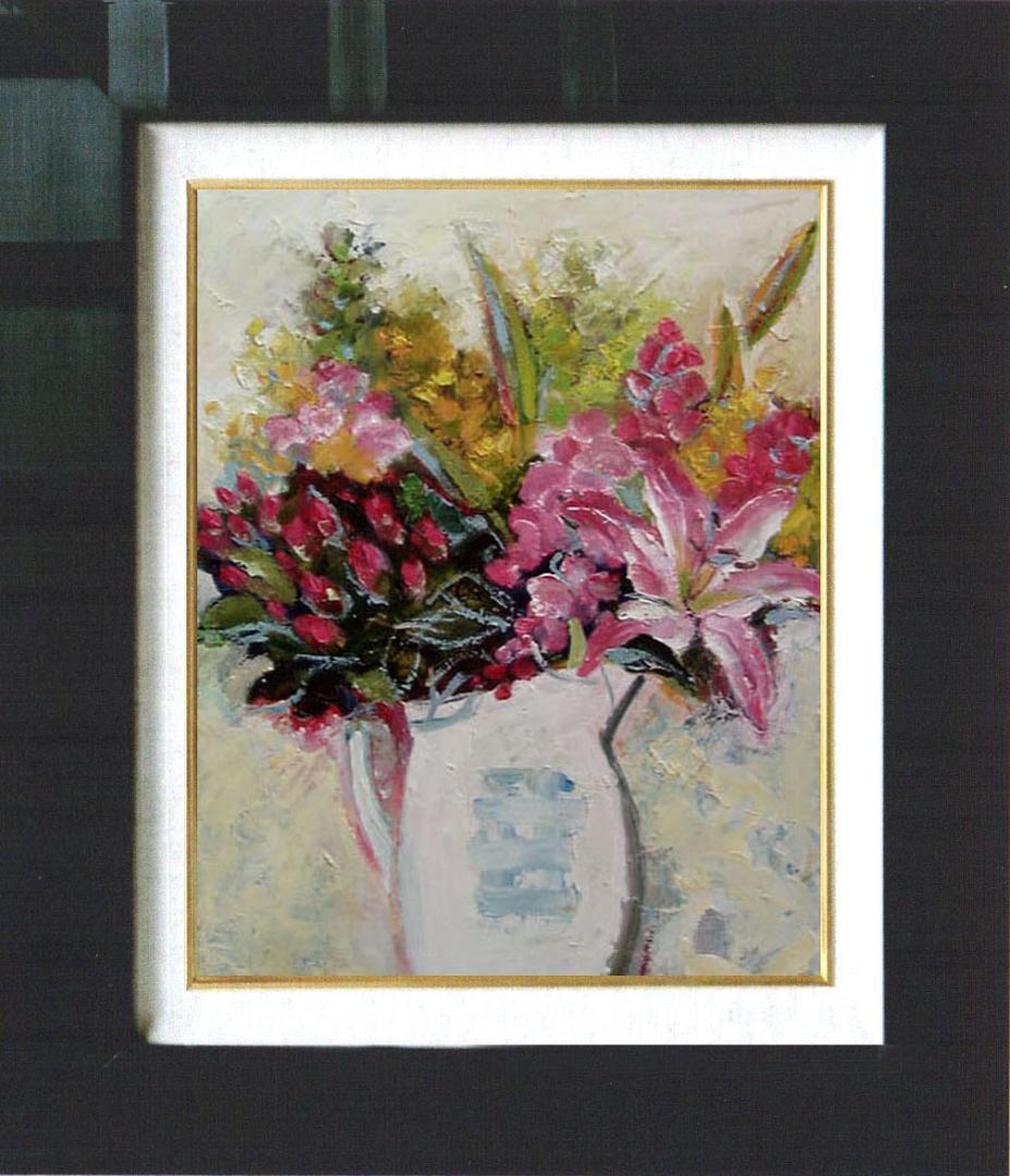 油絵 菅家令子 絵 絵画インテリア額付(青緑＋金色の枠) uF6-112302花