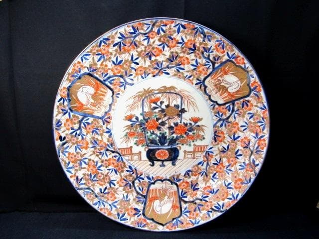 古伊万里大皿　金彩色絵　櫻花尽　見込花篭 鷺　冨貴長春 径46cm 江戸後期