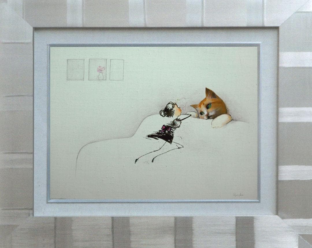 油絵 菅家令子 絵 絵画 インテリア額付(銀) F4-090518 子猫と女の子