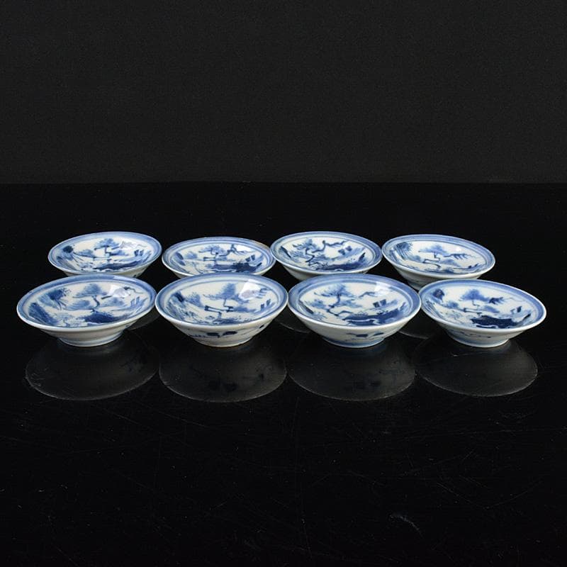 伊万里焼　古伊万里　染付　山水文　盛塩皿　小皿　八客　時代箱　V　R6377