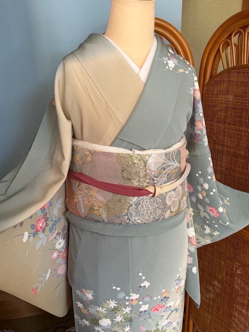 訪問着フルセット、落款入り　四季の花、染め分け　友禅　作家物