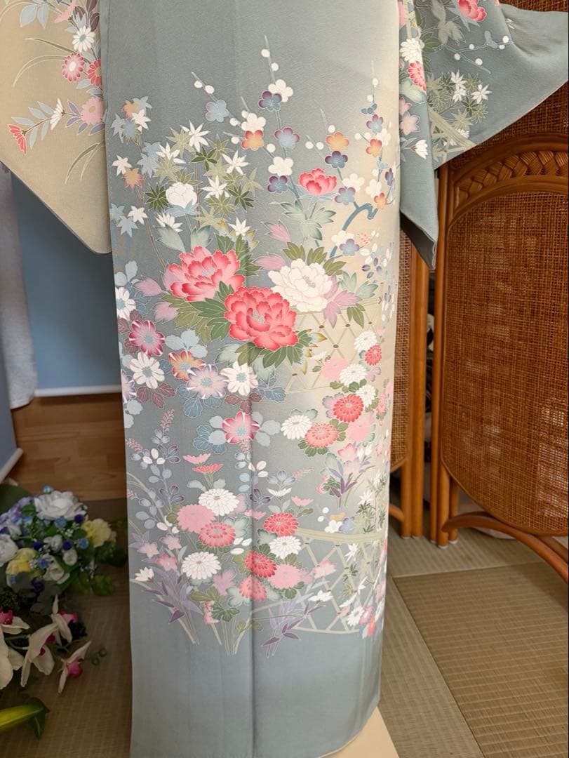 訪問着フルセット、落款入り　四季の花、染め分け　友禅　作家物