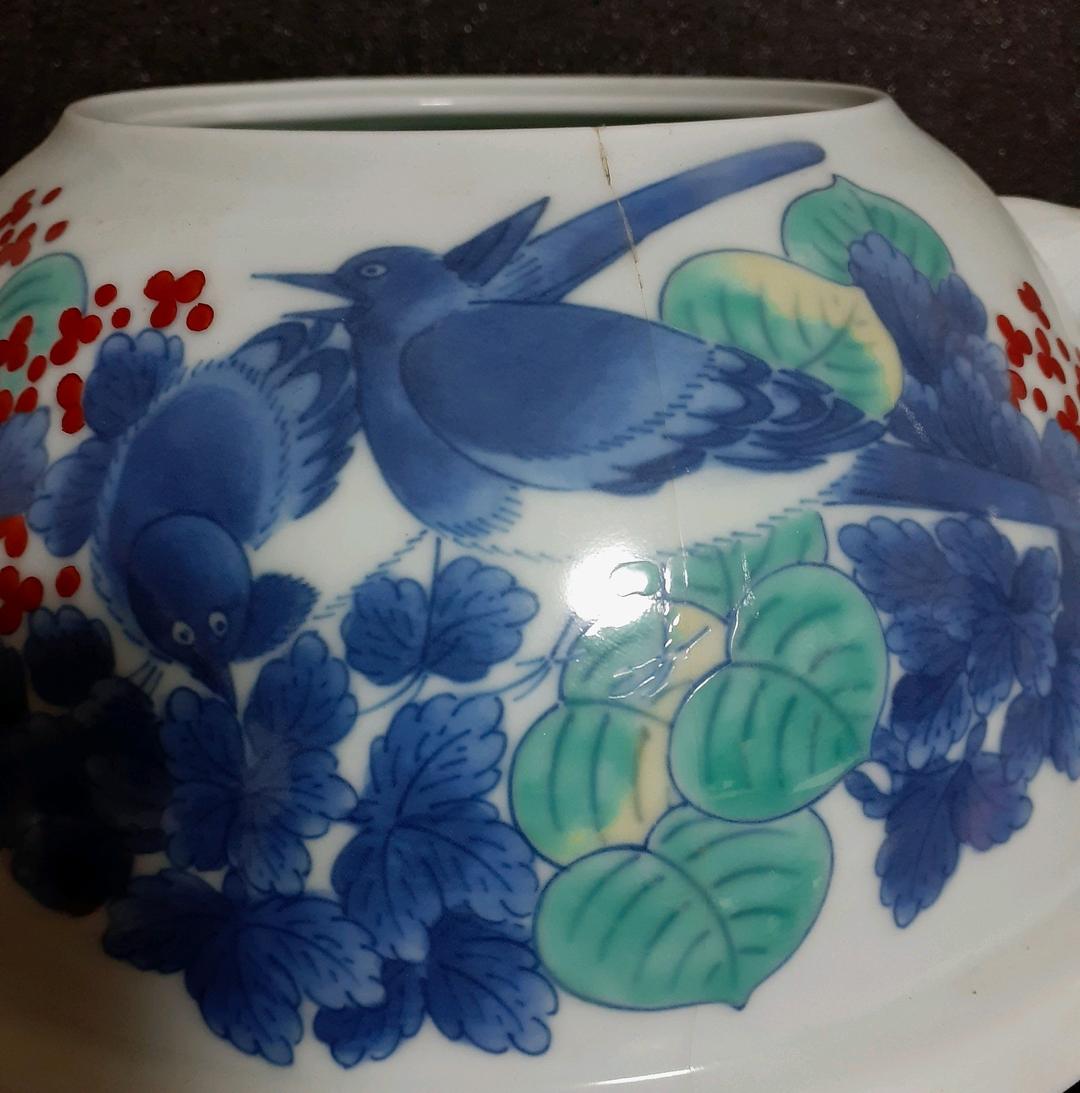 【本物保証】江戸時代中期　盛期色鍋島　鶺鴒(せきれい)図　鬼面　茶釜花入　官窯