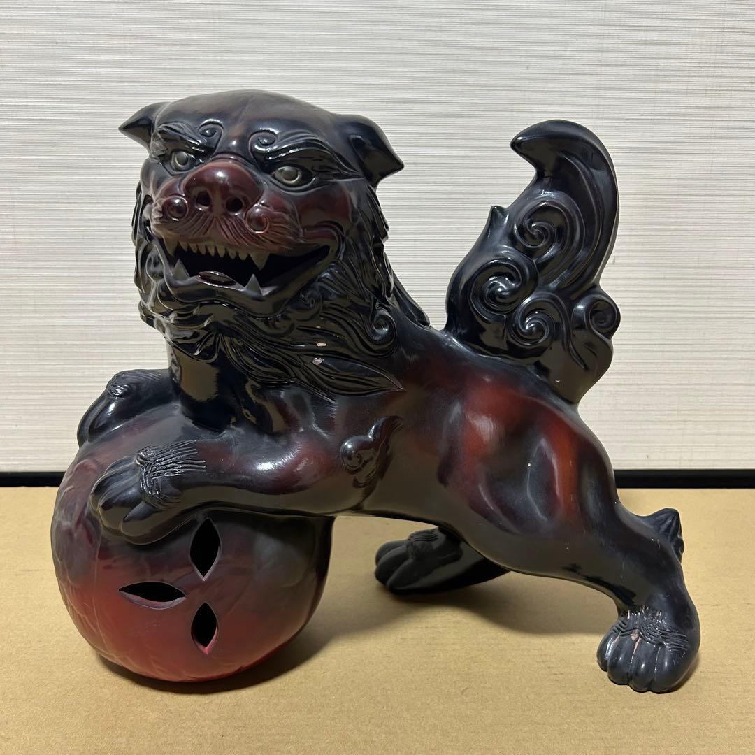 大迫力 32cm 玉乗り獅子 縁起 獅子 シーサー 陶器 骨董 魔除け