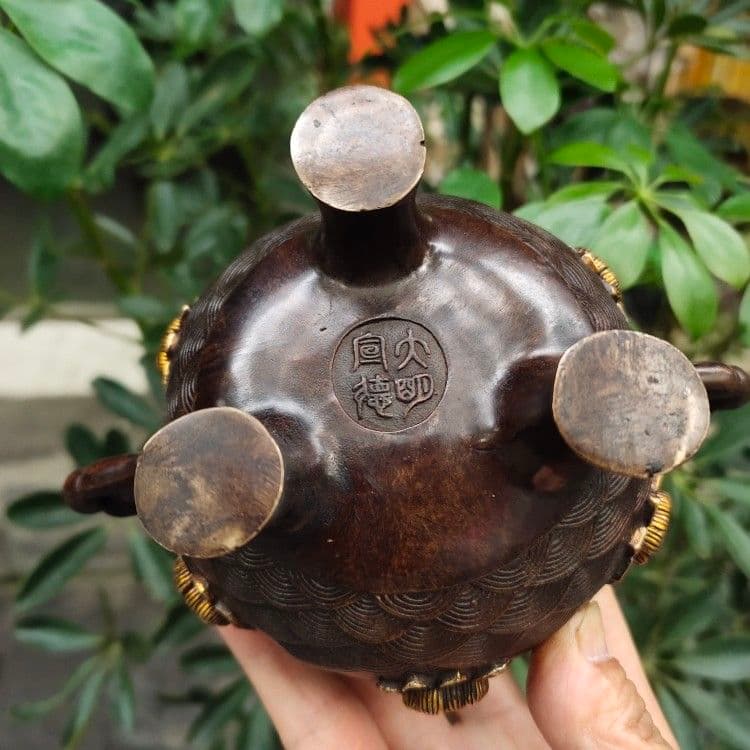 三本足の耳蓮華薫香炉 銅製 工芸品 美術品 置物