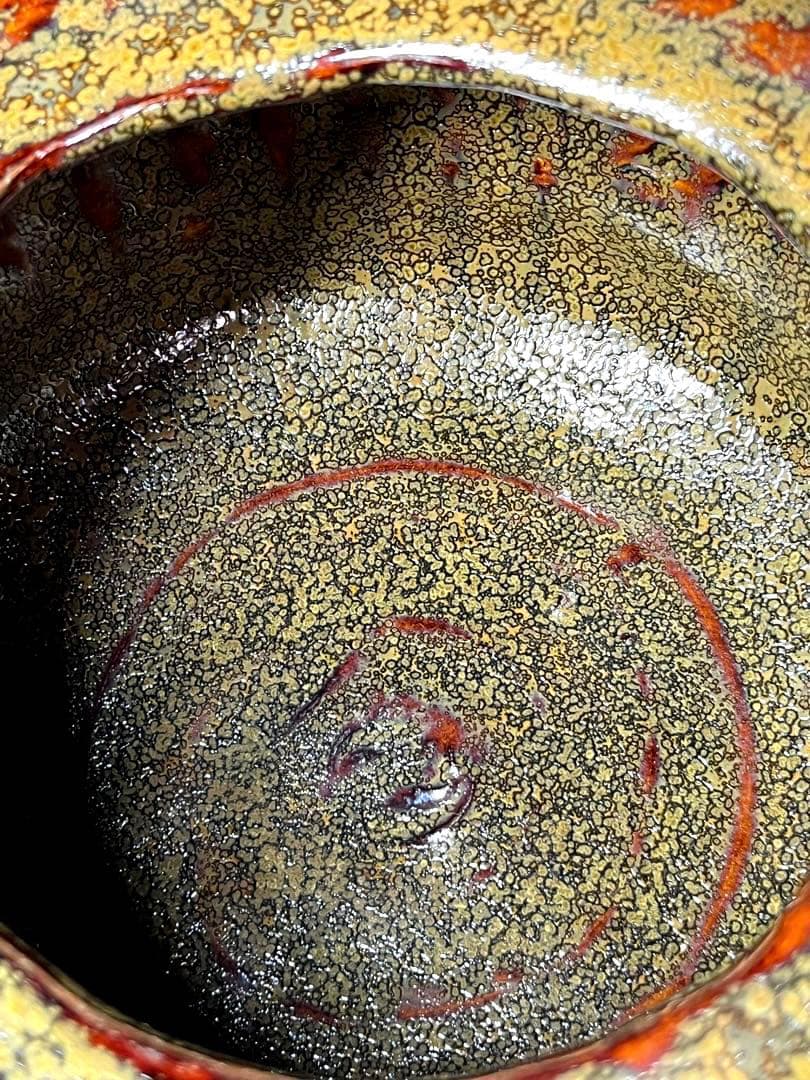 陶器 建水 鎌田幸ニ? 耀変油盃印銘「幸」赤金釉滴 天目 水指 茶道具 工芸品