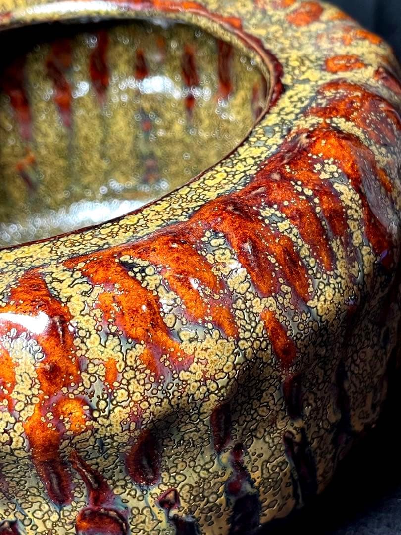 陶器 建水 鎌田幸ニ? 耀変油盃印銘「幸」赤金釉滴 天目 水指 茶道具 工芸品