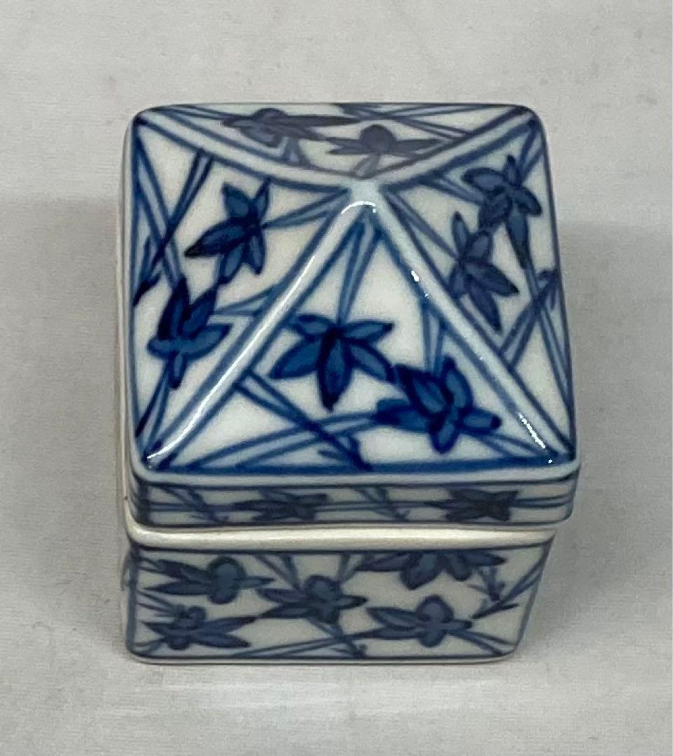 B7s  五世幹山傳七作　「染付辻堂香合」共布共箱　京焼　茶道具香道具