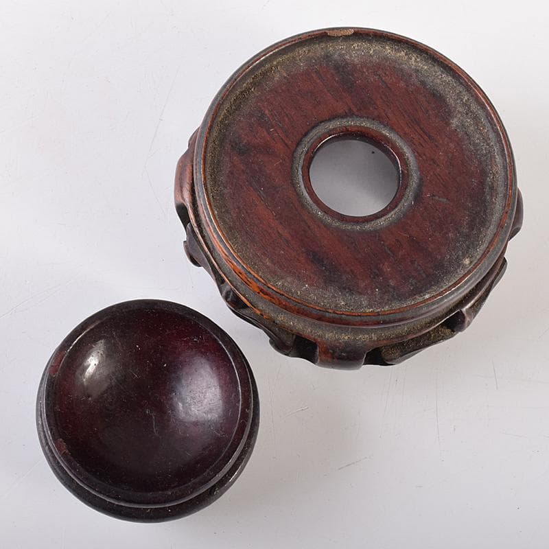 中国　漢詩西遊記刻　漢詩天女刻　丸瓢箪　唐木台付　2点　V　R7974