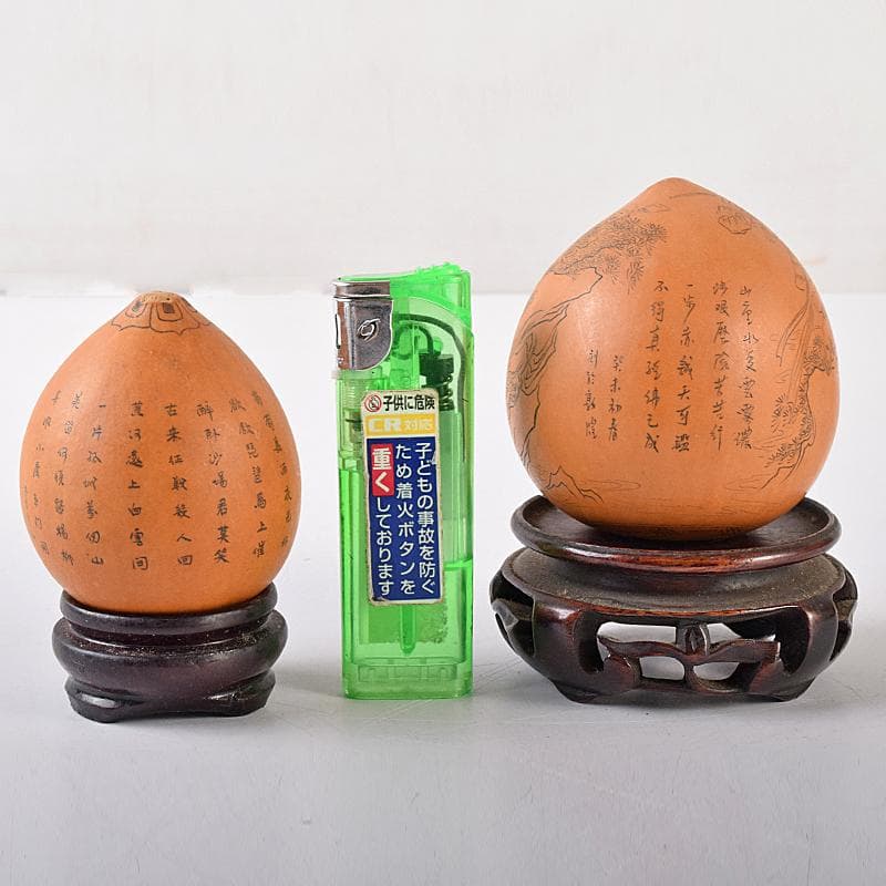 中国　漢詩西遊記刻　漢詩天女刻　丸瓢箪　唐木台付　2点　V　R7974