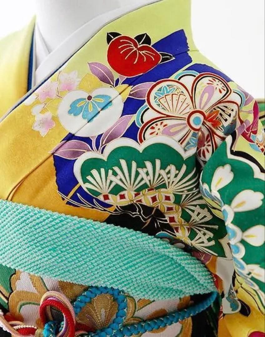 振袖 身長158-173cm 黄 矢絣 牡丹 松竹梅 正絹