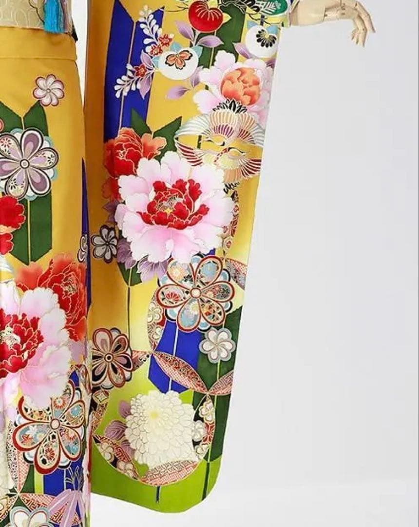 振袖 身長158-173cm 黄 矢絣 牡丹 松竹梅 正絹