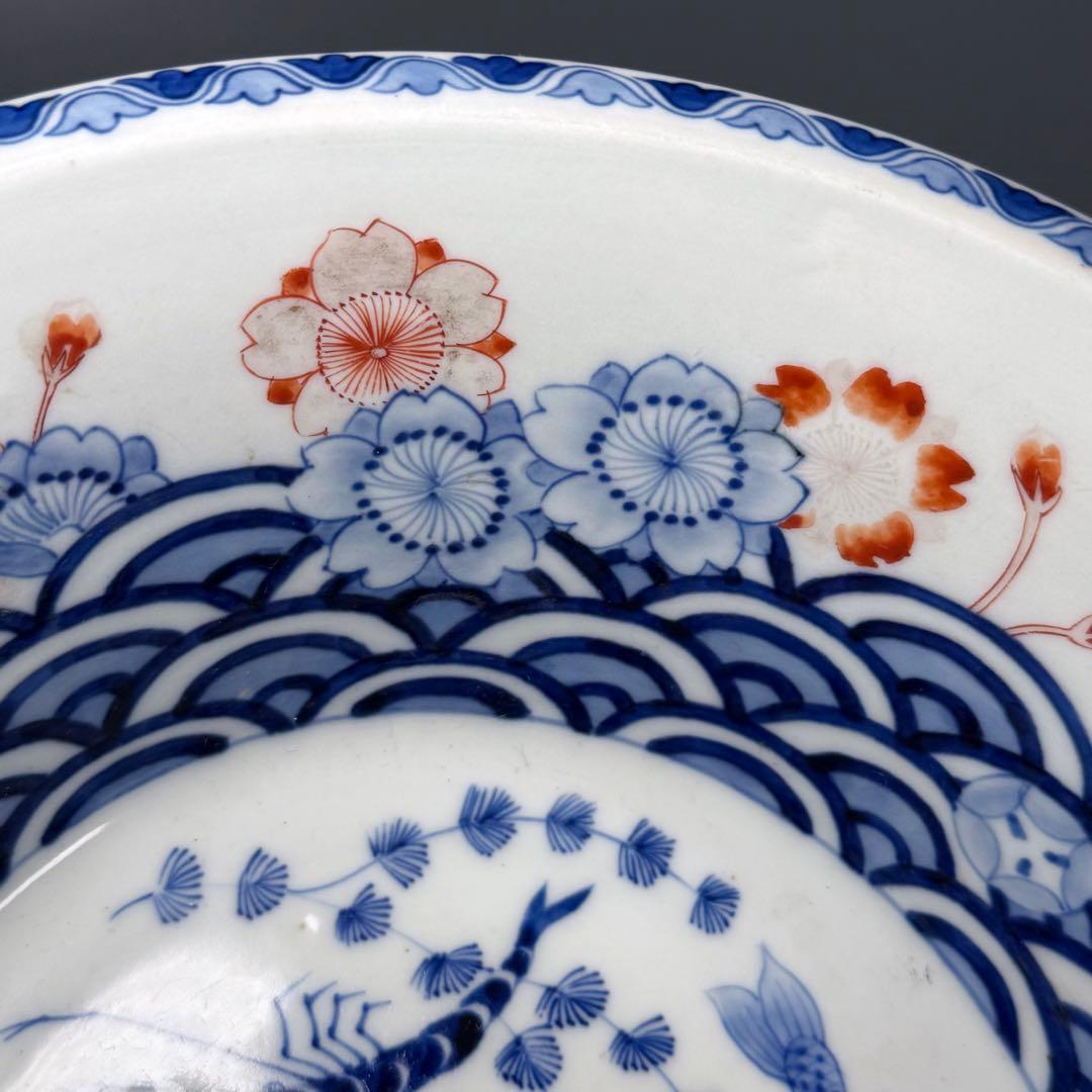 幕末〜明治期　染錦　大鉢　川海老　青海波　桜文様　鳥に松竹梅　二重高台　金魚鉢