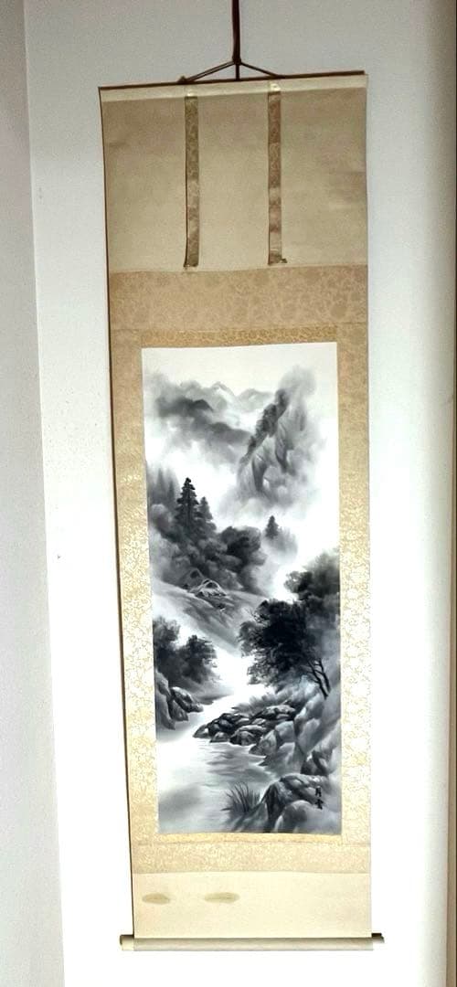 掛け軸「水墨山水」鮮雲 桐箱・真筆証明書付（真贋保証なし）
