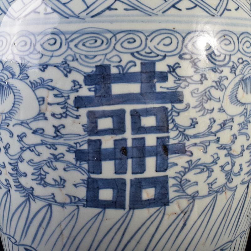 中国　青花　喜字文雙耳瓶　高さ約42.5㎝　V　R7762B