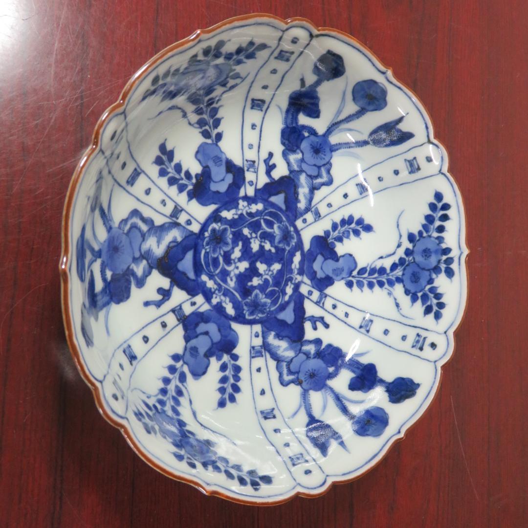 染付 なます皿 3ケ 芙蓉手 明治 花文様 輪花 花弁 唐花草 歪み 美品