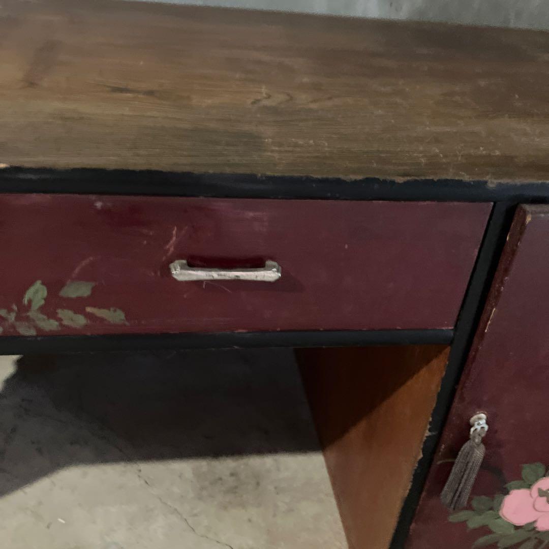 昭和レトロ 文机 花柄 デスク テーブル 薔薇 時代物 片袖 座机 ローテーブル