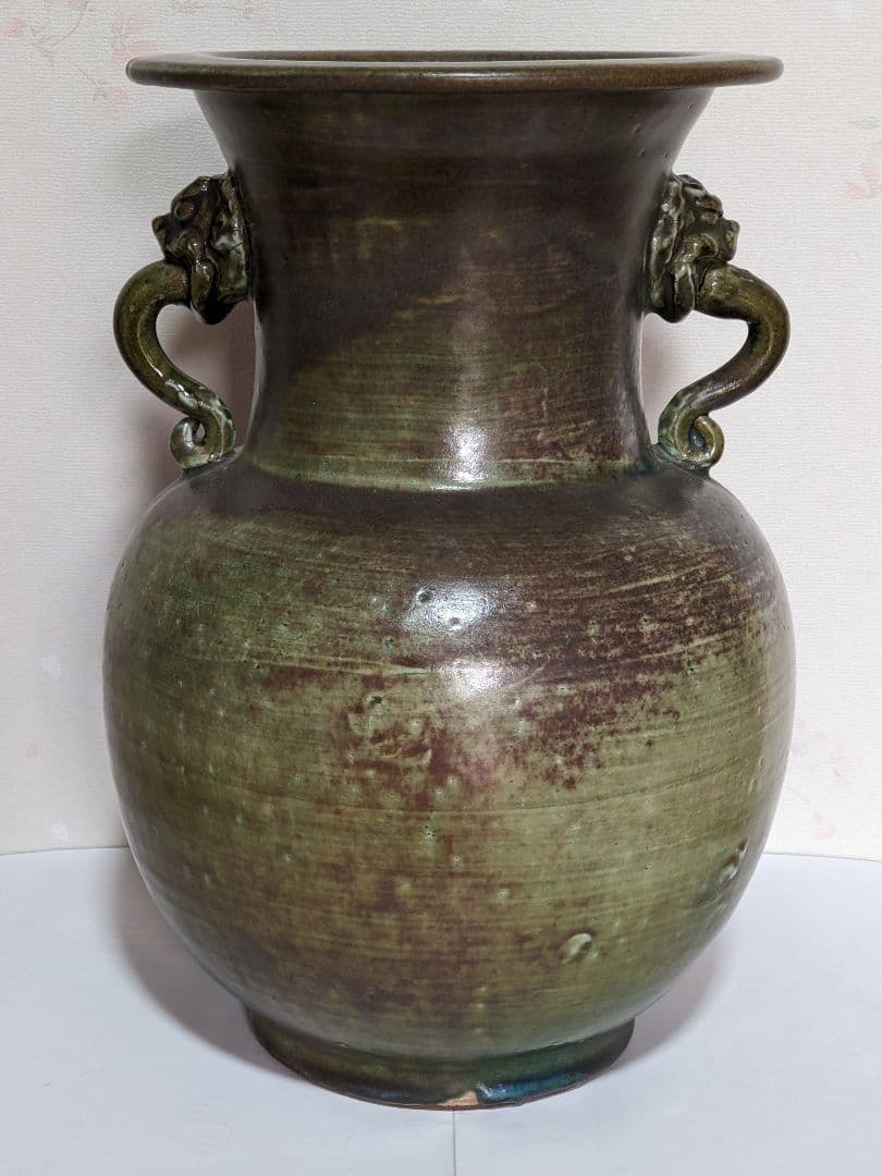 ♦中国陶磁 海鼠釉？辰砂 神獣飾り双耳 尊形花瓶 壺 瓶 古玩 古美術 骨董品