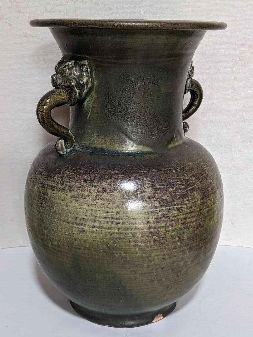 ♦中国陶磁 海鼠釉？辰砂 神獣飾り双耳 尊形花瓶 壺 瓶 古玩 古美術 骨董品